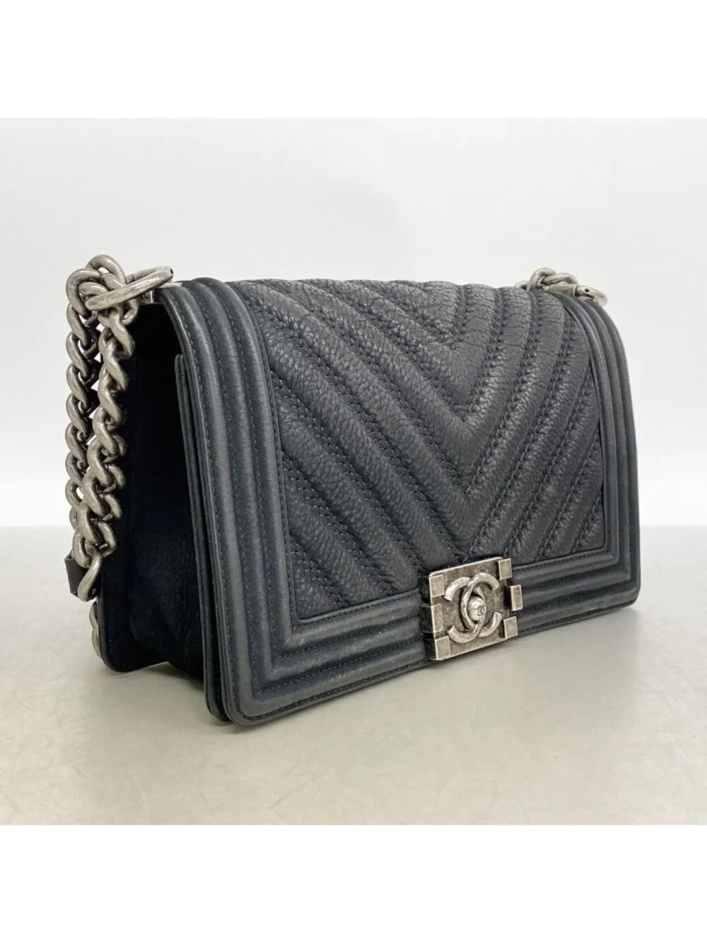 Chanel Shoulder Bag Boy Leather Black Silver